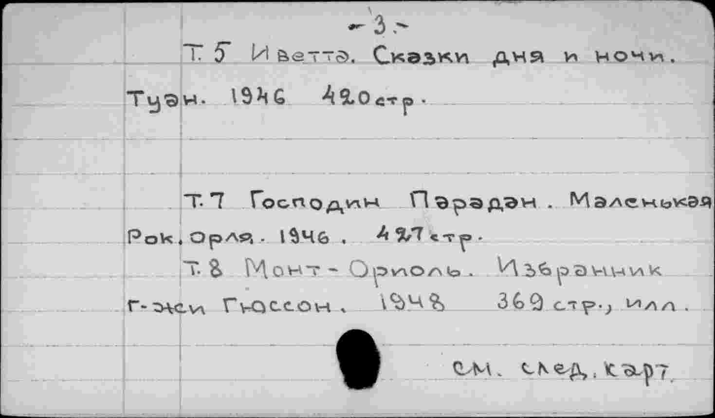 ﻿I. 5* И Веттэ. Сказам ДНЯ н ночи.
н. 19 G AS.OcTp-
PoR.OpAs», . 1^46 . jT-.B Монт -
« Пэра дан . Маленькая А %7 « т ^ ■
_	3G0 cTV’,j Илл.
